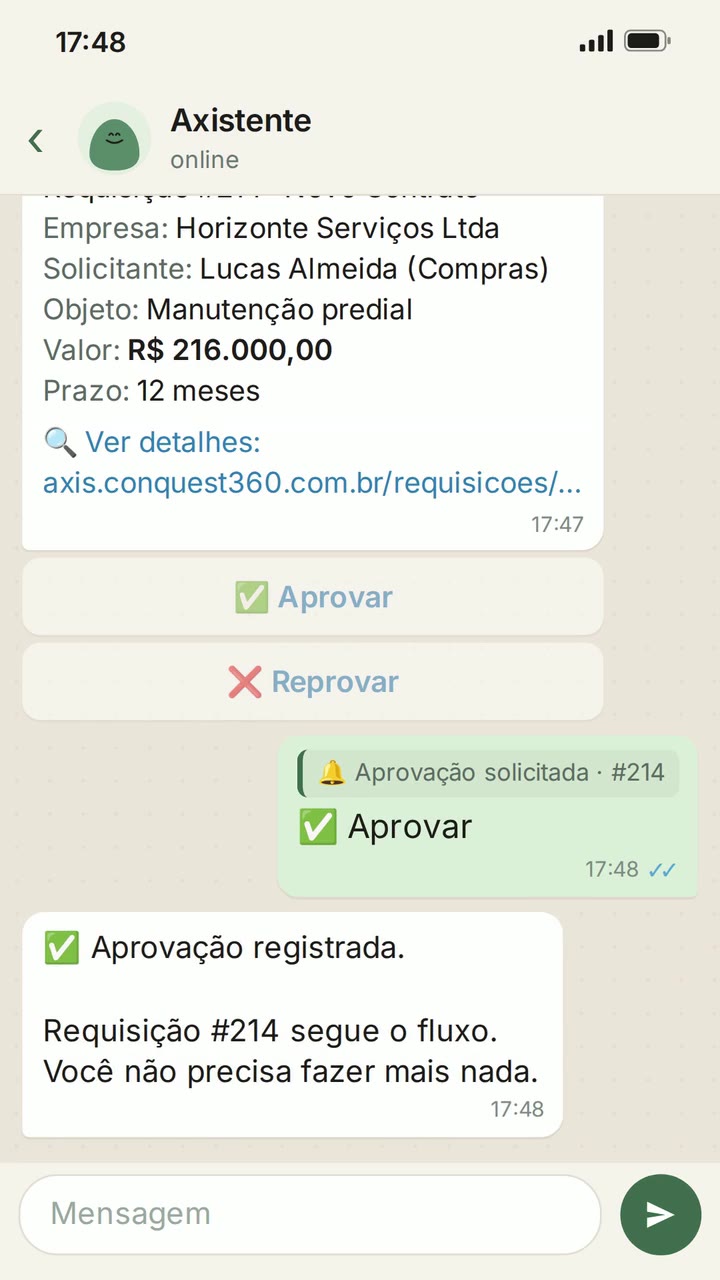 Aprovação de uma requisição pelo WhatsApp